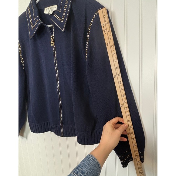 Vintage St. John Collection Knit Jacket Women 16 Navy Blue Gold Studded Zip Up - Picture 12 of 15
